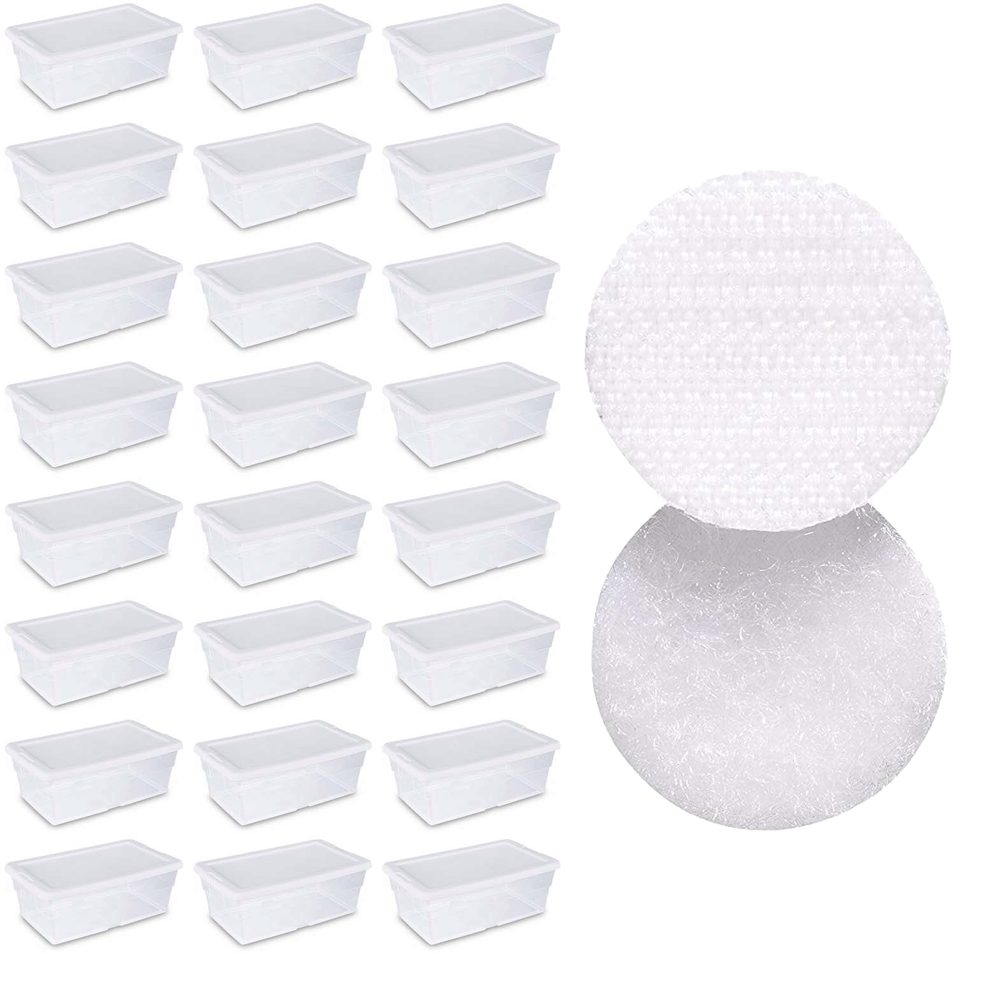 Sterilite 6 Quart Clear Plastic Storage Container Tote (24 Pack) + Velcro Coins