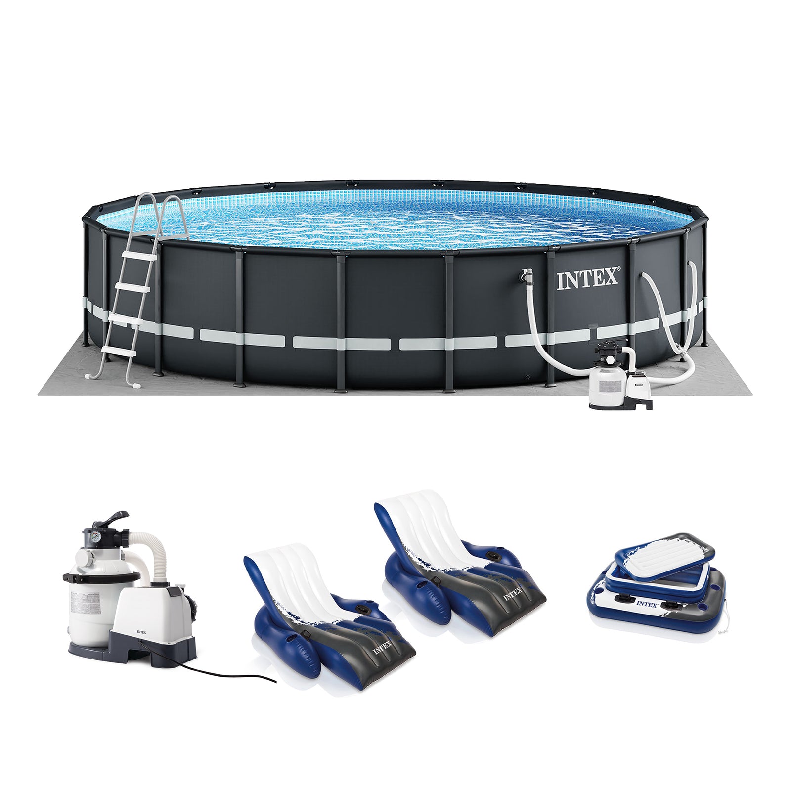 Intex 20ft x 48in Ultra XTR Round Pool, Pump, Ladder, Lounger (2 Pack), & Cooler - VMInnovations