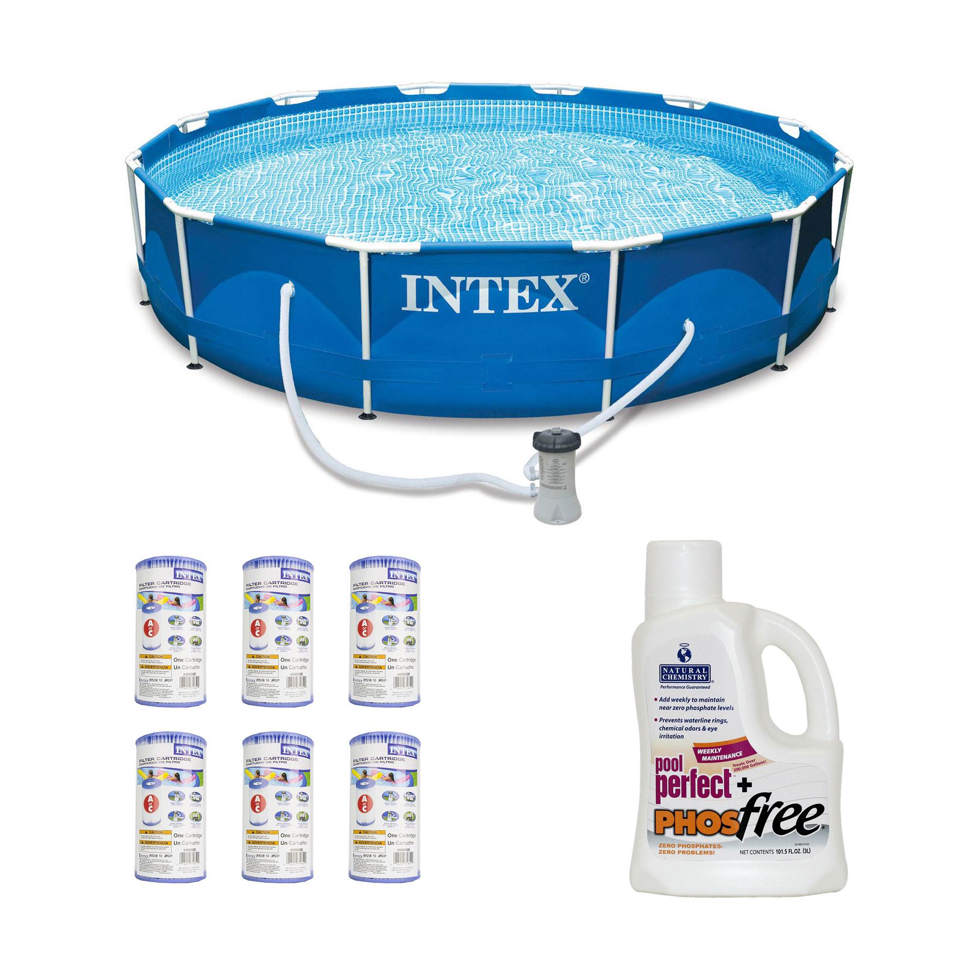 Intex 12' x 2.5' Pool w/ Filter, Pump, Cartridges and Phosphate Remover