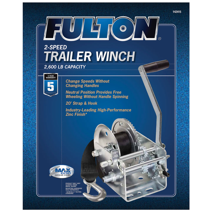 Fulton 142415 Dual Speed Tow Winch with 20 Inch Strap, 2,600 Pound Capacity