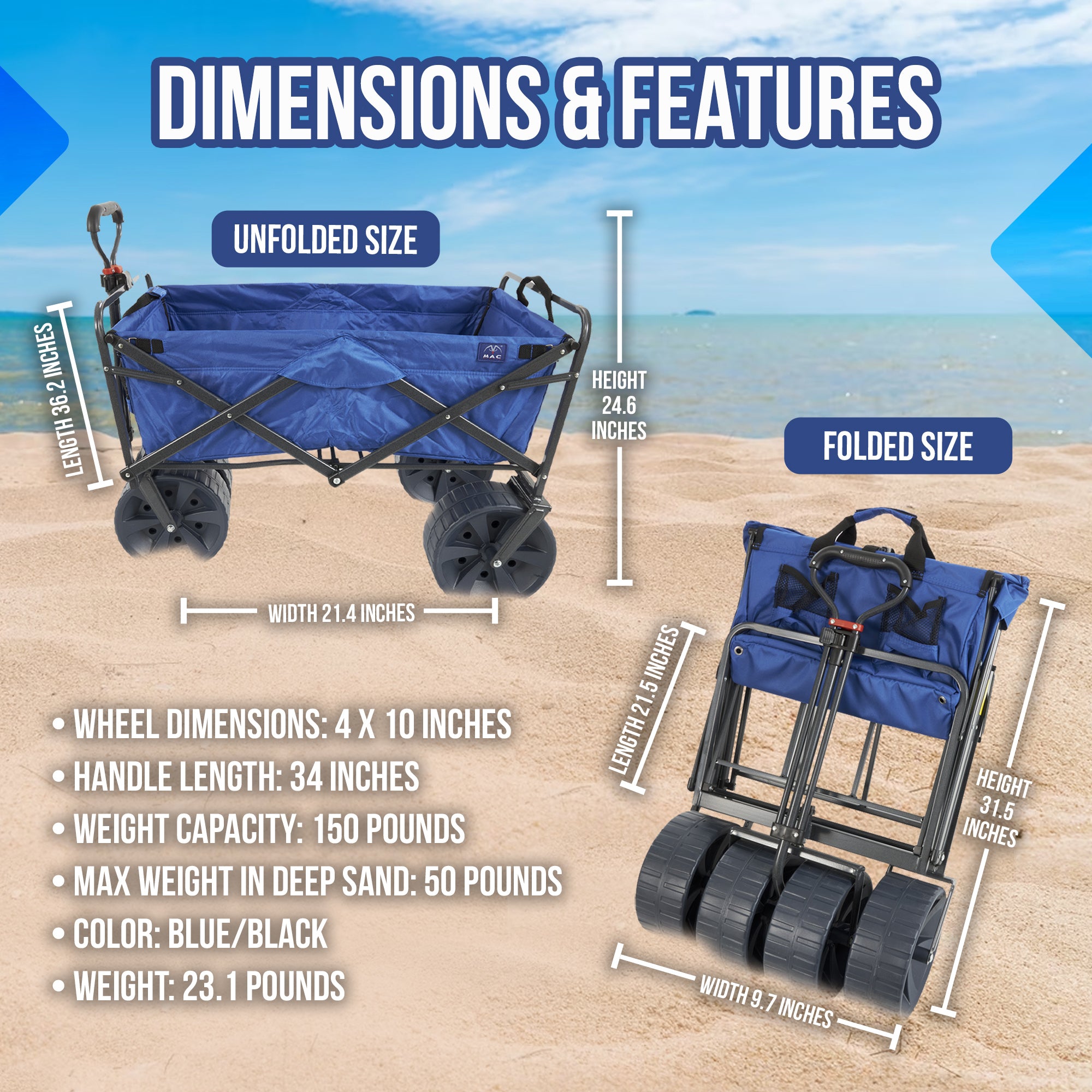 Mac Sports Collapsible All Terrain Beach Utility Wagon, Blue/Black (Open Box) - VMInnovations