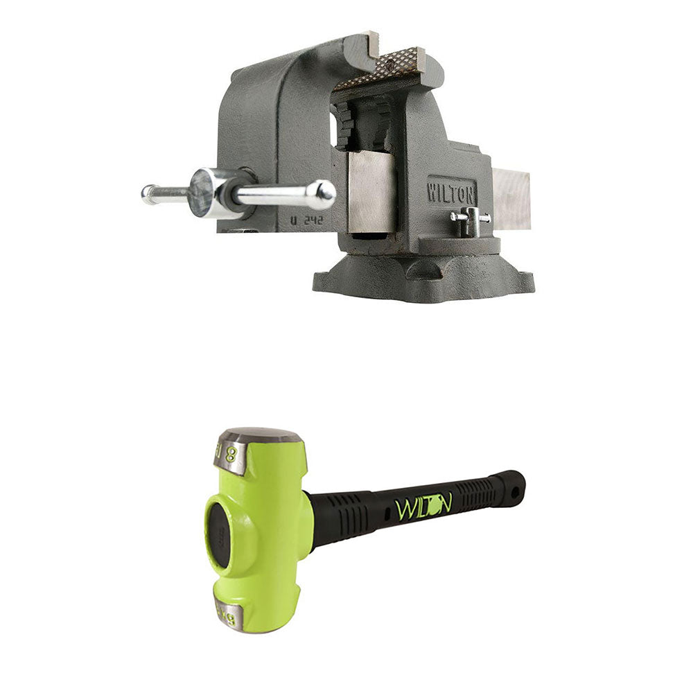 Wilton WS8 8 Inch Steel Swivel Base Bench Vise, Gray w/ 8 Pound Sledge Hammer