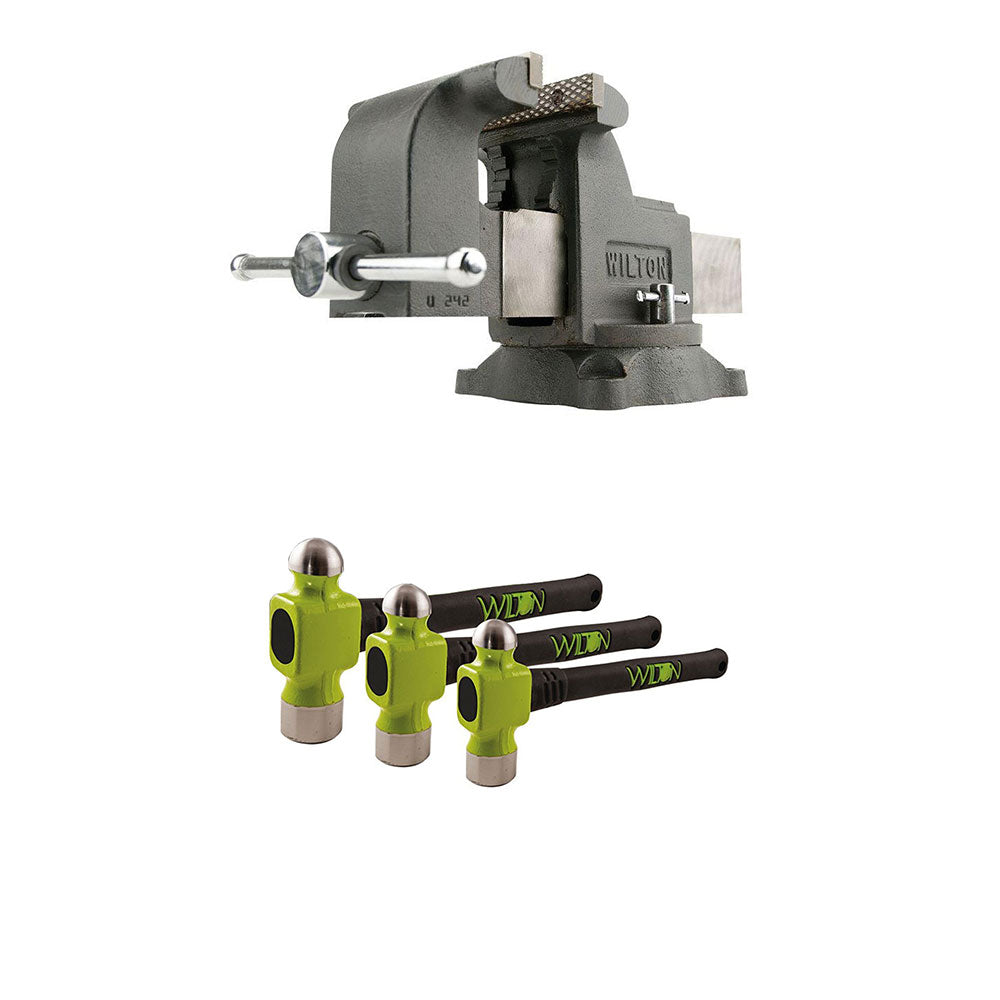 Wilton WS8 8 Inch Steel Swivel Base Bench Vise w/ 3 Piece Ball Peen Hammer Kit
