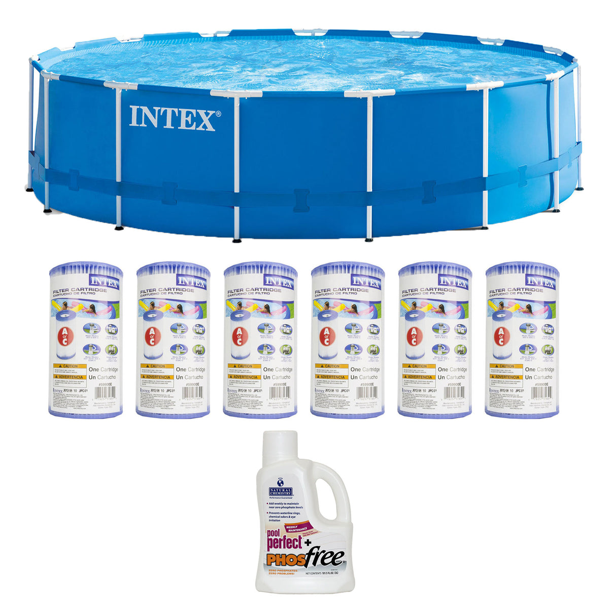 Intex Above Ground 15ft x 48in Pool, 6 Filter Cartridges + Natural PHOSfree