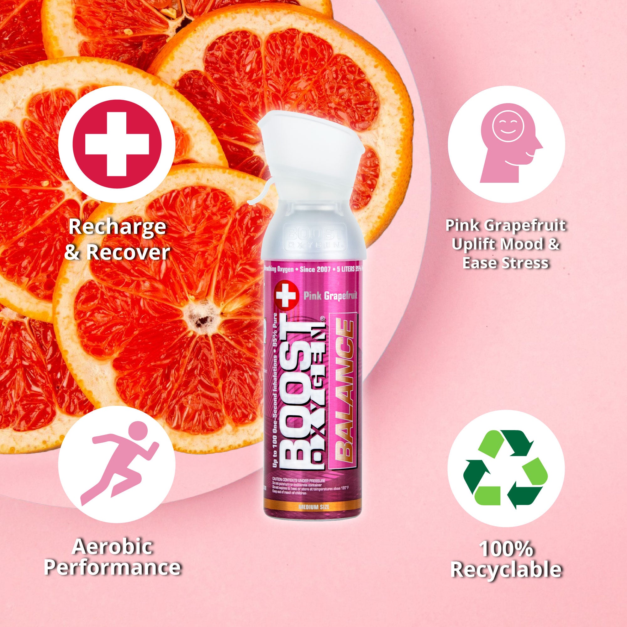 Boost Oxygen Natural 5 Liter Pure Oxygen Canister, Pink Grapefruit (12 Pack) - VMInnovations