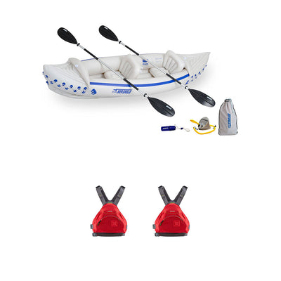 Sea Eagle 330 Inflatable Kayak w/ NRS Small Medium Life Vest, Red (2 Pack)