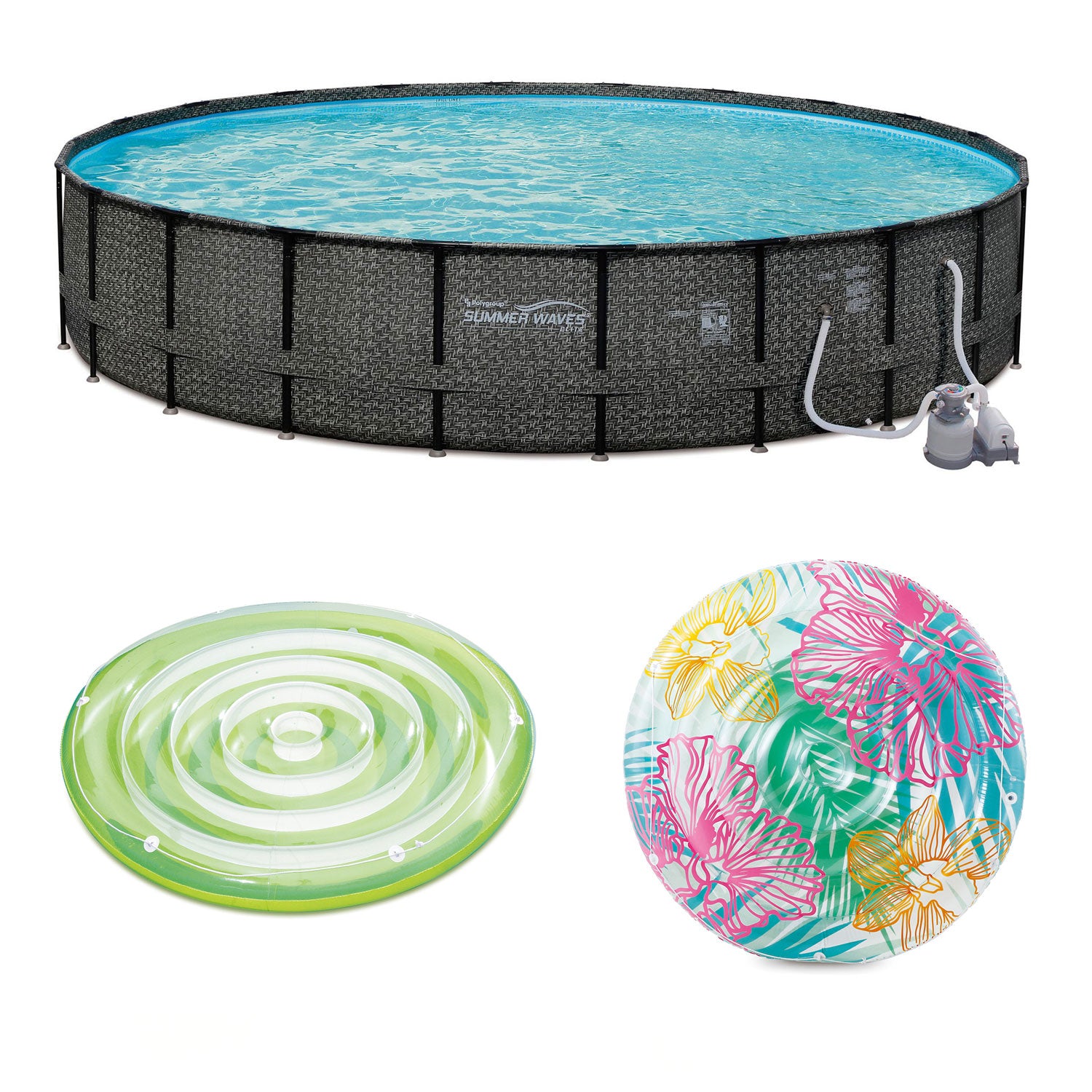 Summer Waves 24' x 52" Frame Pool Set + Two Inflatable Splash Island Floats