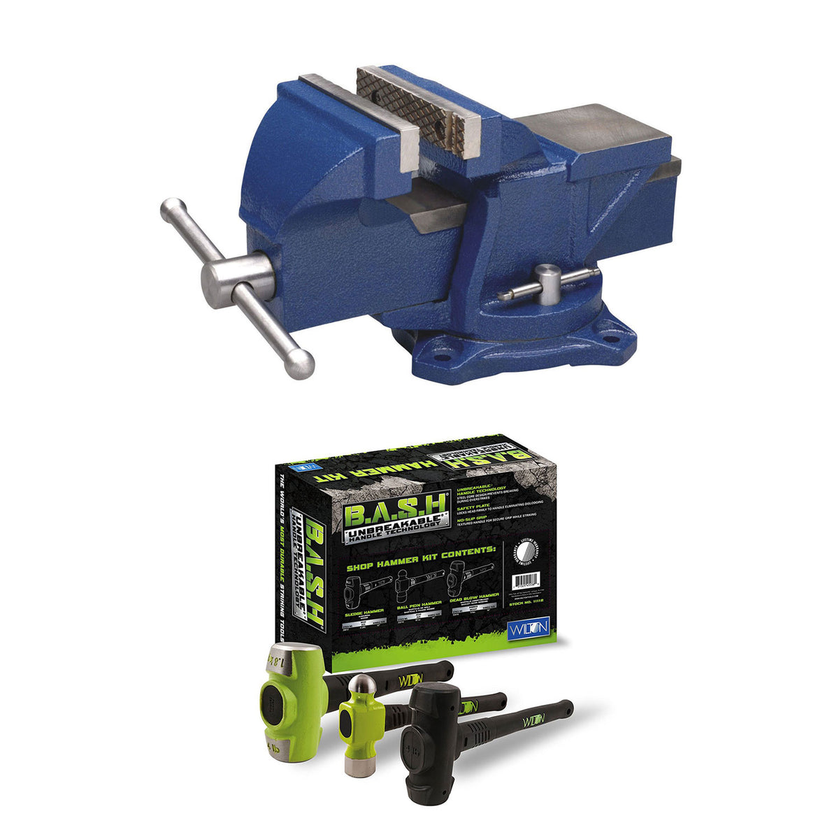Wilton 4 Inch Anvil Work Bench Vise + 3 Piece Steel Mechanics Hammer Set Kit