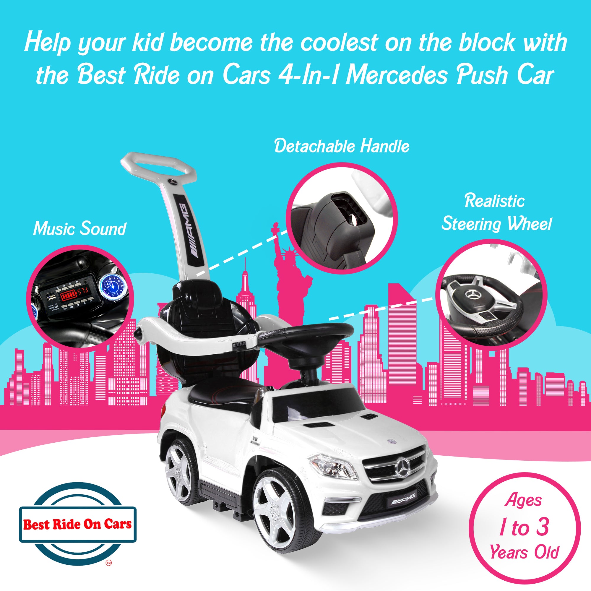 Best Ride On Cars Toddler 4-in-1 Mercedes Push Car Stroller w/ LED Lights, White - VMInnovations