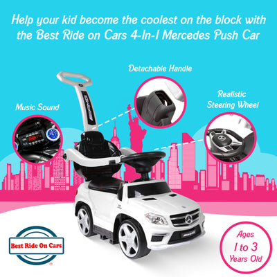 Best Ride On Cars Toddler 4-in-1 Mercedes Push Car Stroller w/ LED Lights, White - VMInnovations