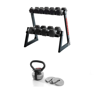 Weider 200-Pound Rubber Hex Dumbbell Set with Rack + 20 Pound Workout Kettlebell