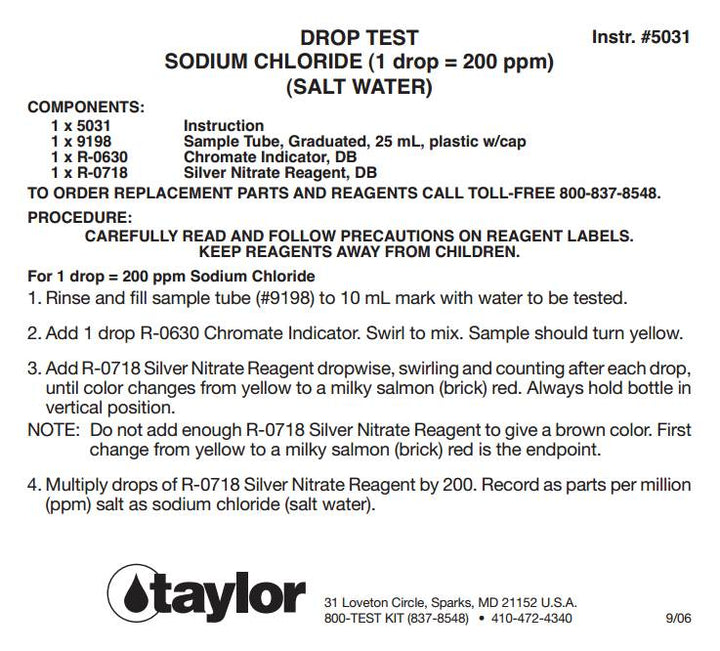 Taylor K-1766 Liquid Pool Spa Sodium Chloride Salt Water Drop Test Kit (2 Pack)