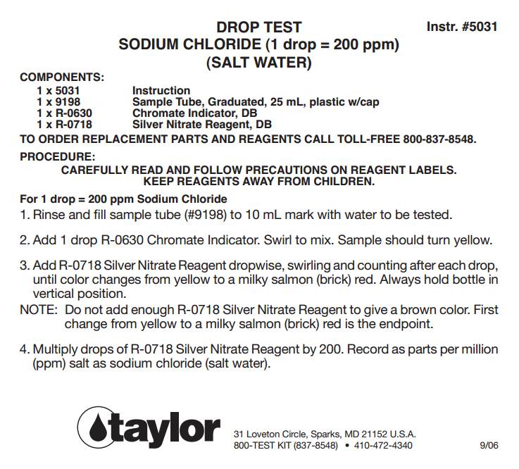 Taylor K-1766 Liquid Pool Spa Sodium Chloride Salt Water Drop Test Kit (2 Pack) - VMInnovations