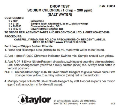 Taylor K-1766 Liquid Pool Spa Sodium Chloride Salt Water Drop Test Kit (4 Pack)