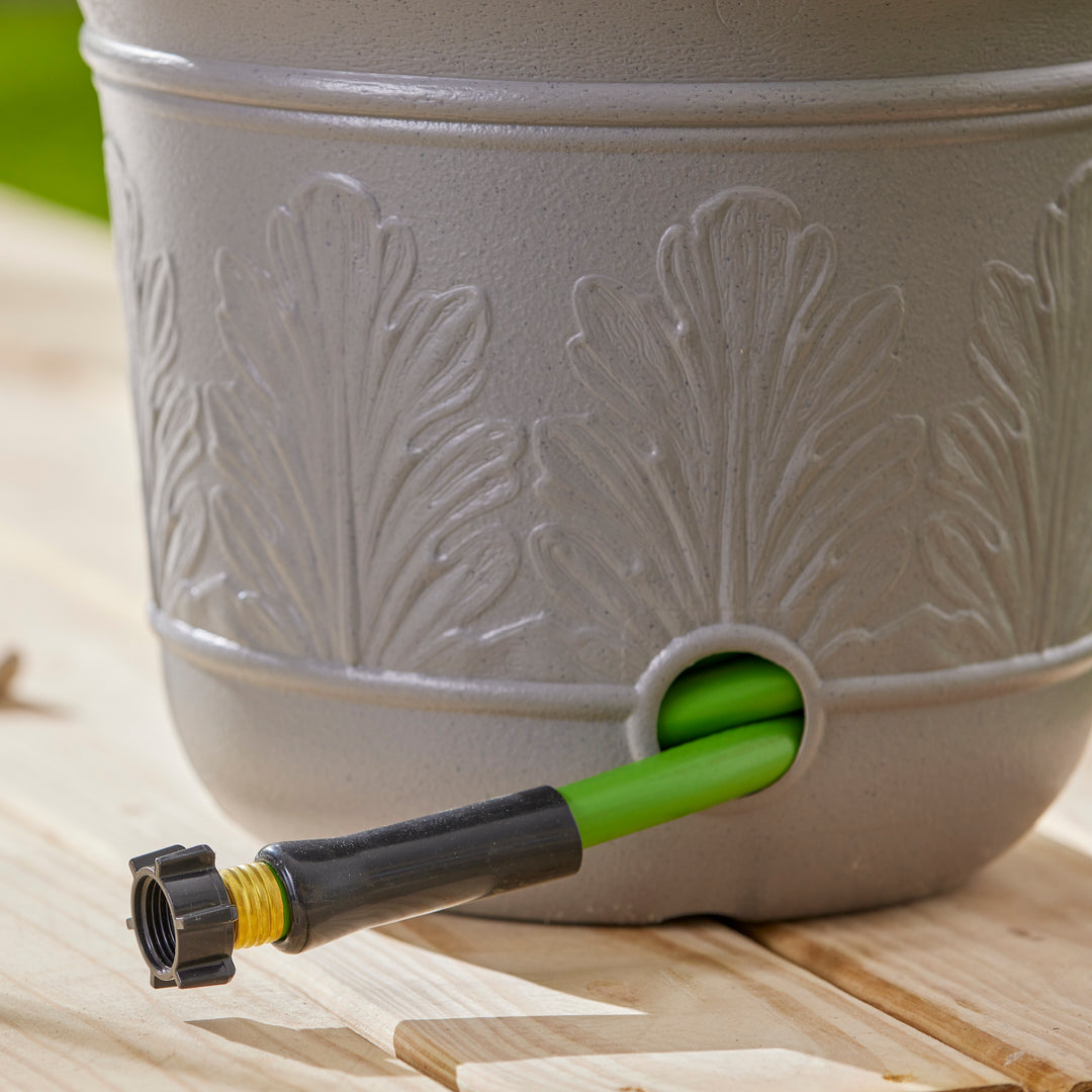 Suncast 300 Foot Heavy Duty 5 Gallon Decorative Expandable Garden Hose Pot, Gray