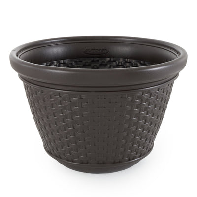 Suncast 100 Foot Resin Wicker Garden Water Hose Caddy Storage Holder Pot, Java