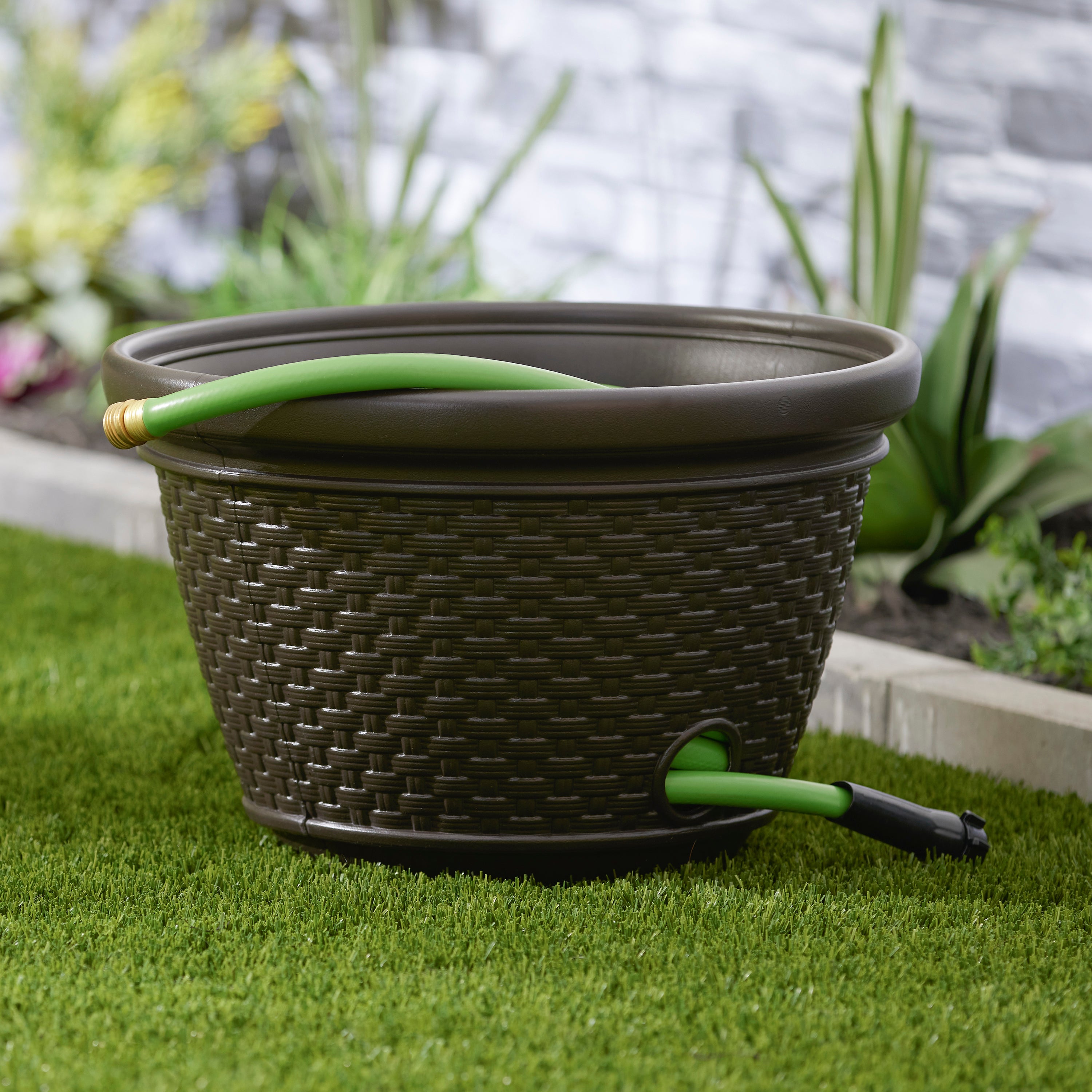 Suncast 100 Foot Wicker Garden Hose Caddy Storage Holder Pot, Java (3 Pack)
