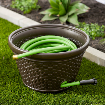 Suncast 100 Foot Resin Wicker Garden Water Hose Storage Holder Pot (2 Pack) - VMInnovations