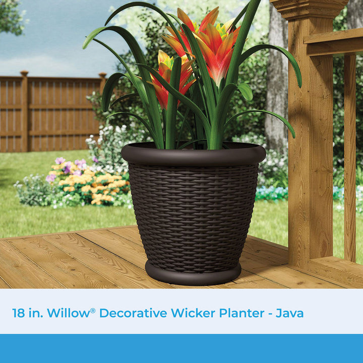 Suncast Willow 18" Plastic Decorative Wicker Patio Planter Pot, Java (3 Pack)