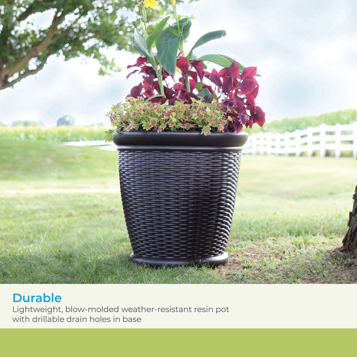 Suncast Willow 18" Plastic Decorative Wicker Patio Planter Pot, Java (3 Pack)