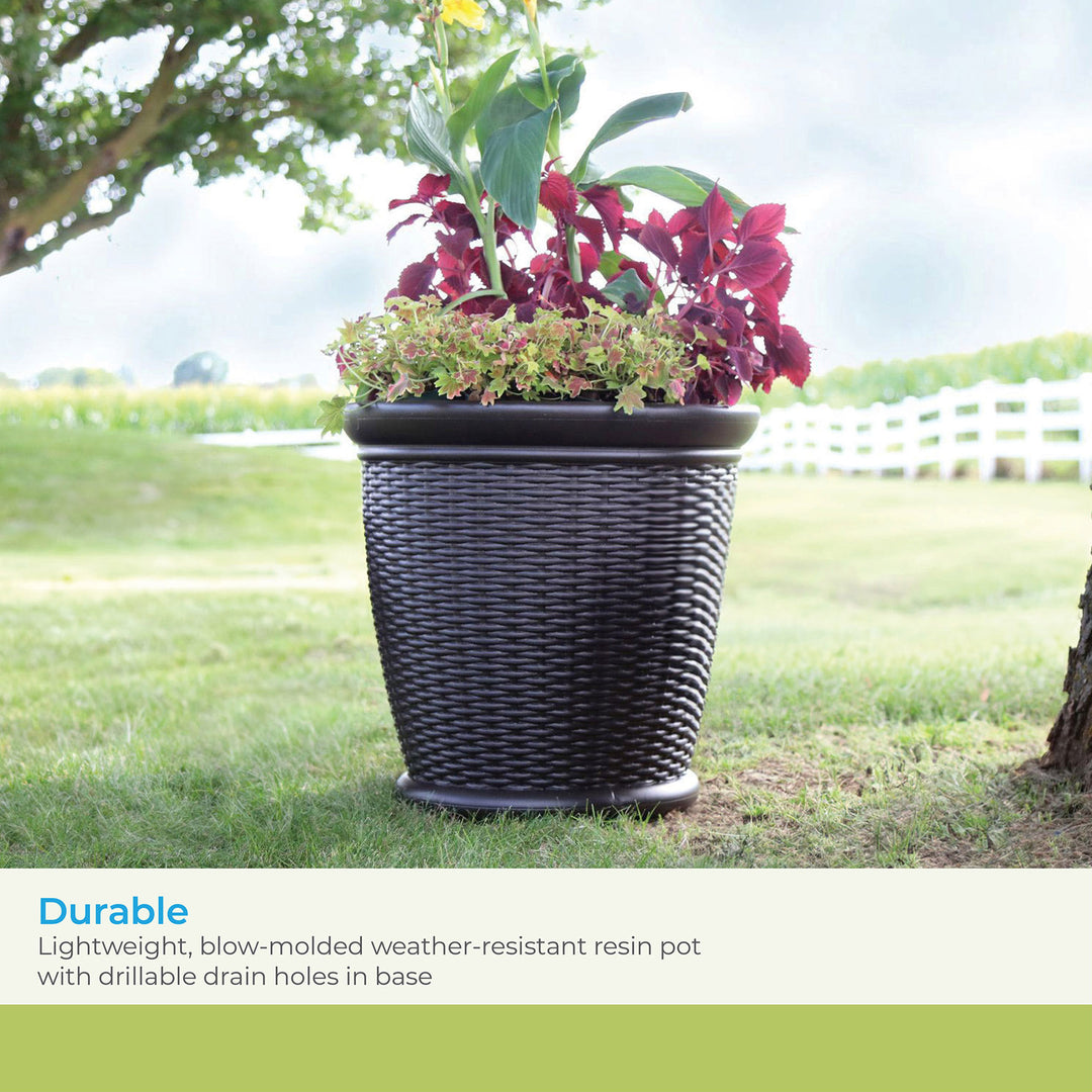 Suncast Willow 18" Plastic Decorative Wicker Patio Planter Pot, Java (3 Pack)