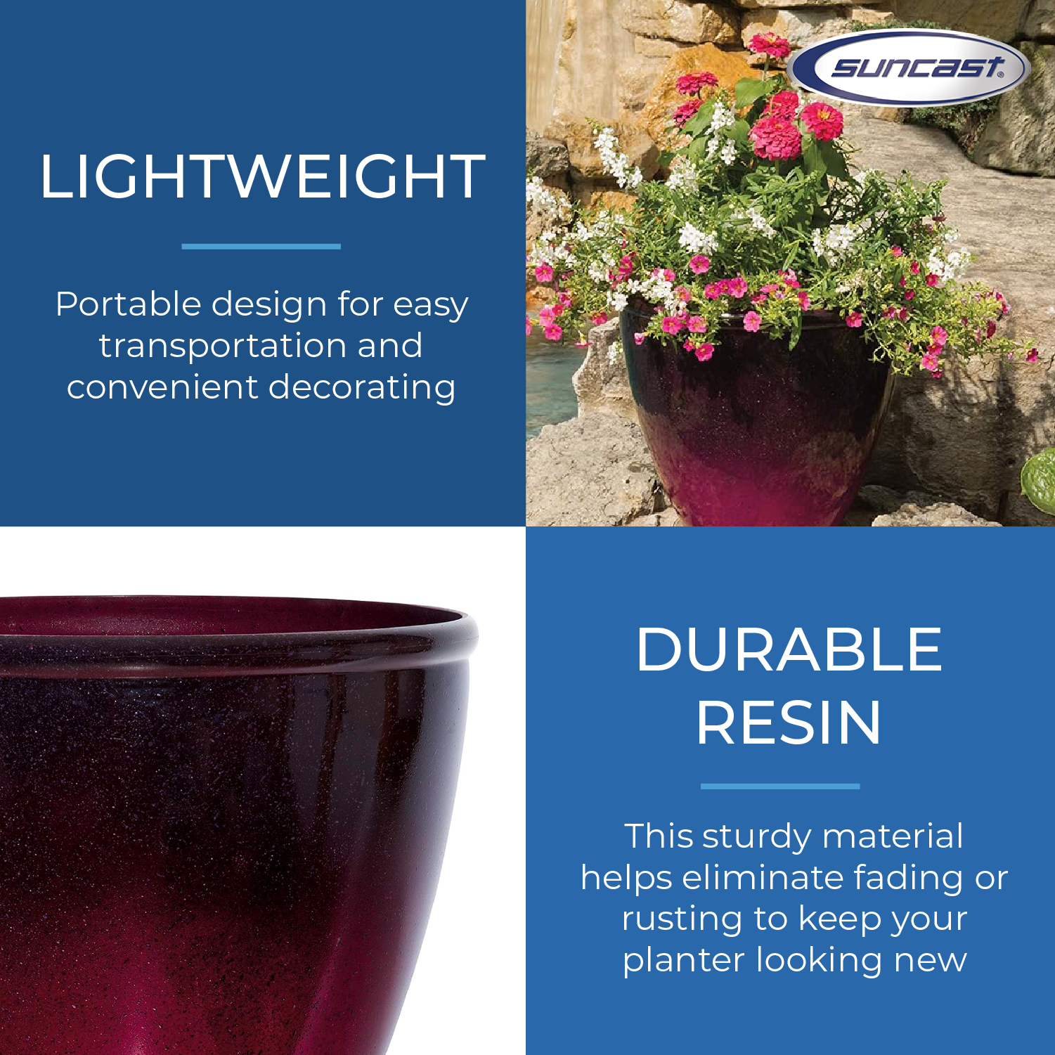 Suncast Seneca 16 Inch Ombre Resin Plant Flower Planter Pot, Red/Plum (Open Box)