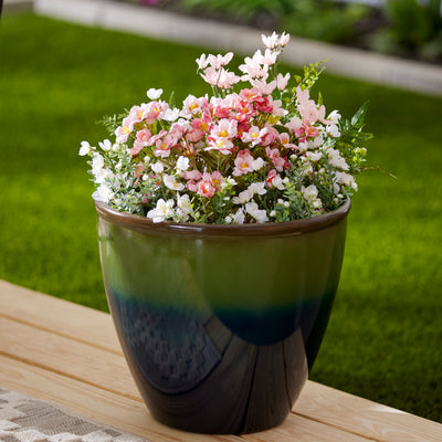 Suncast Seneca 16" Ombre Resin Plant Flower Planter Pot, Green/Blue  (Used)