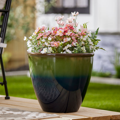 Suncast Seneca 16" Ombre Resin Plant Flower Planter Pot, Green/Blue (Open Box)