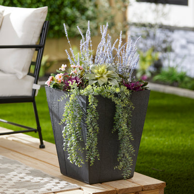 Suncast 16 Inch Farmington Decorative Rustic Wood Finish Garden Planter, Gray - VMInnovations