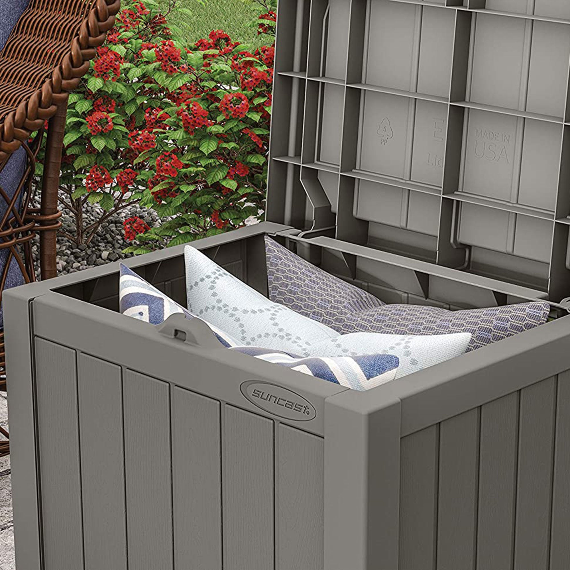Suncast 22 Gallon Outdoor Patio Small Deck Chest Box with Storage Seat, Stone - VMInnovations