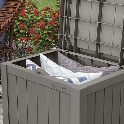 Suncast 22 Gallon Outdoor Patio Small Deck Chest Box with Storage Seat, Stone - VMInnovations