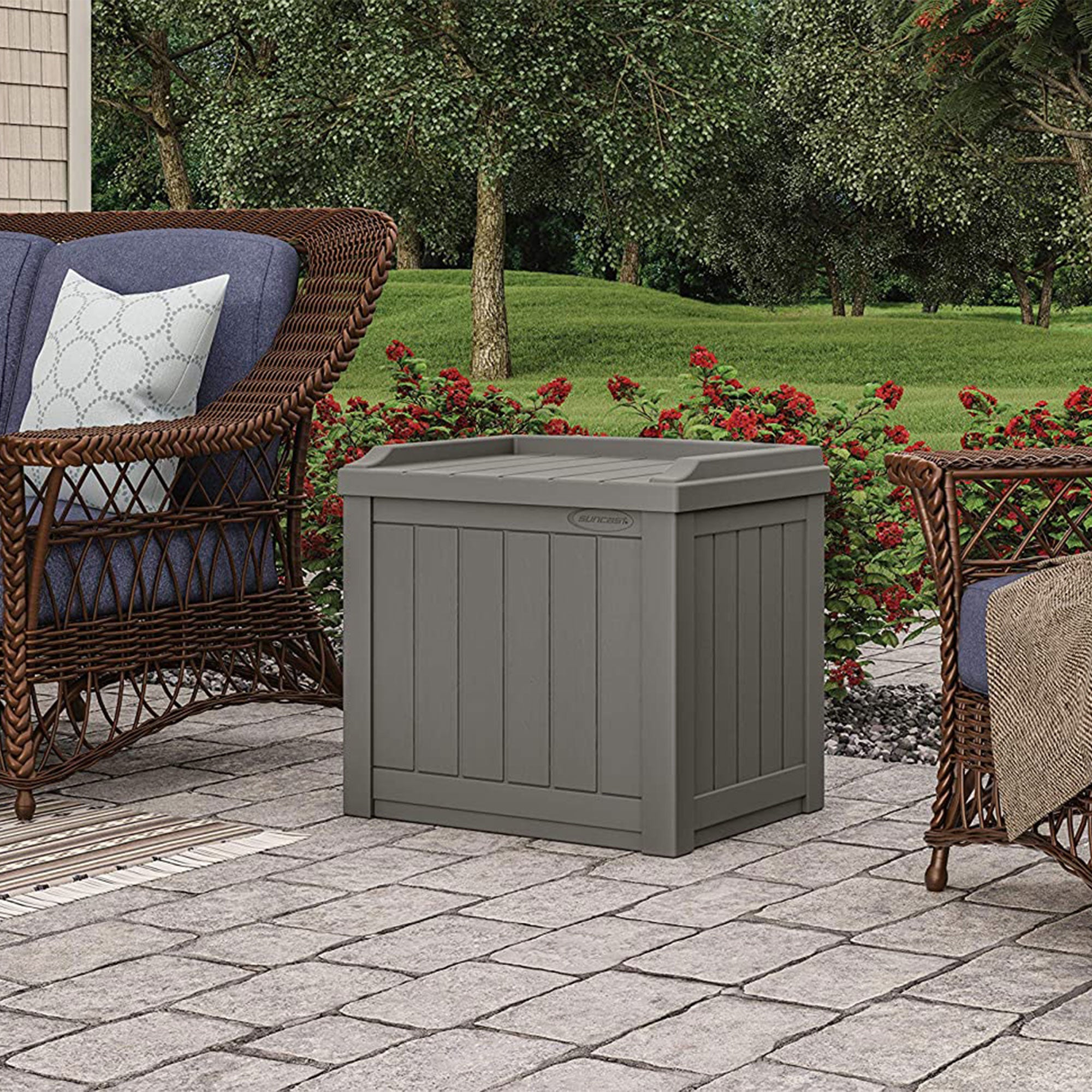 Suncast 22 Gallon Outdoor Patio Small Deck Box with Storage Seat, Stone (4 Pack) - VMInnovations