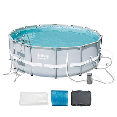 Bestway 14ft x 48in Power Steel Frame Above Ground Round Pool Set and Vacuum