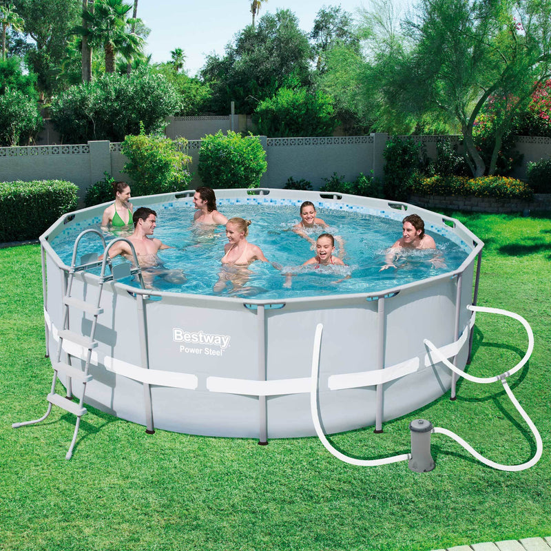 Bestway 14ft x 48in Power Steel Frame Above Ground Round Pool Set and Vacuum