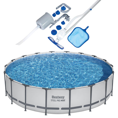 Bestway Round Steel Frame Above Ground Pool w/ Cleaning Accessories, 18 x 4 Feet - VMInnovations