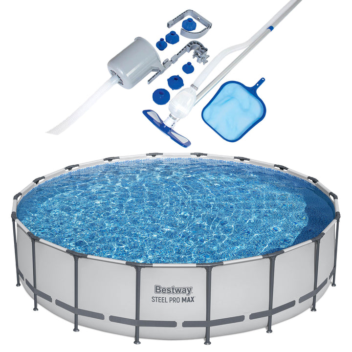 Bestway Round Steel Frame Above Ground Pool w/ Cleaning Accessories, 18 x 4 Feet