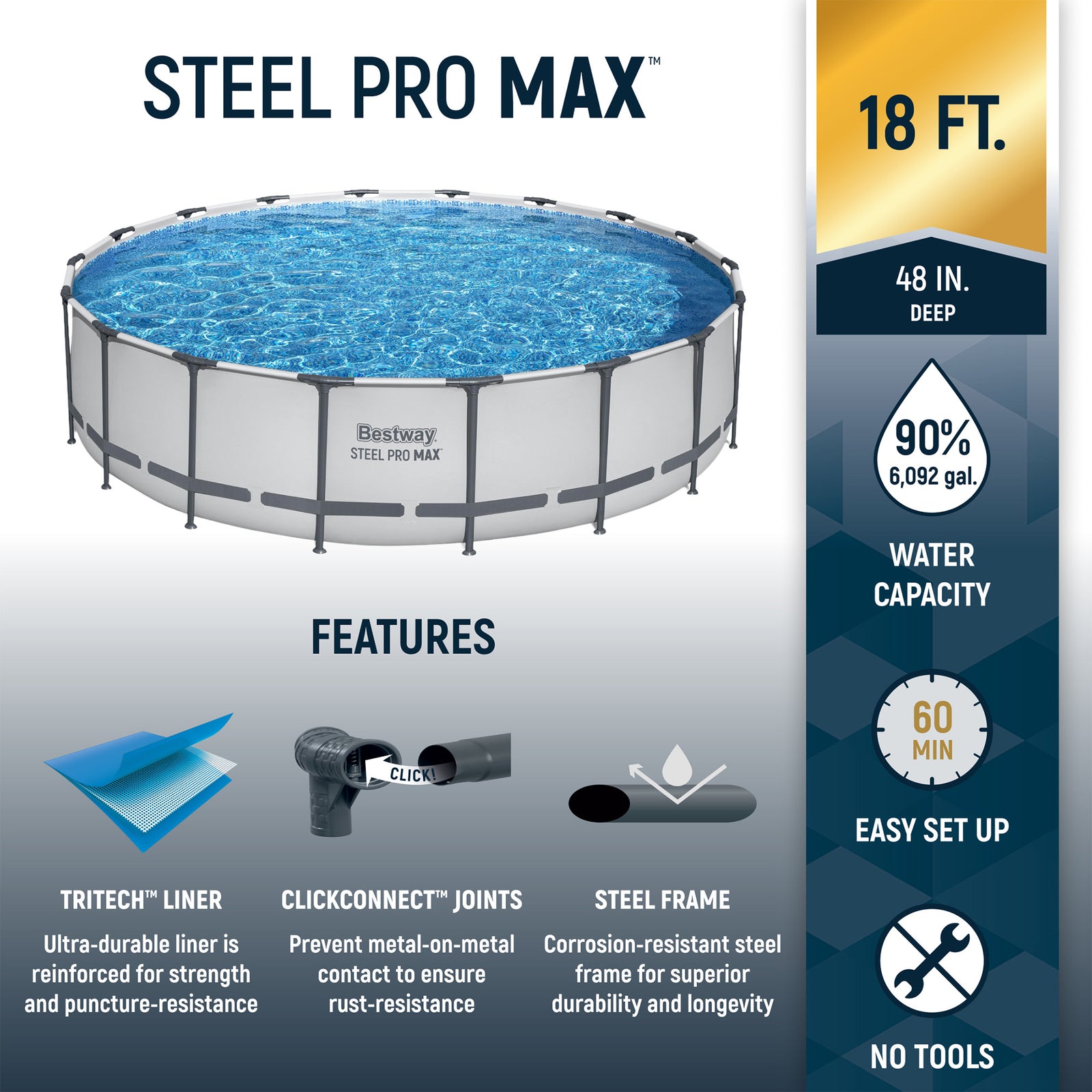 Bestway Round Steel Frame Above Ground Pool w/ Cleaning Accessories, 18 x 4 Feet - VMInnovations