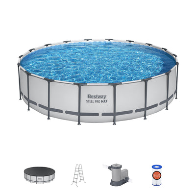 Bestway Round Steel Frame Above Ground Pool w/ Cleaning Accessories, 18 x 4 Feet - VMInnovations