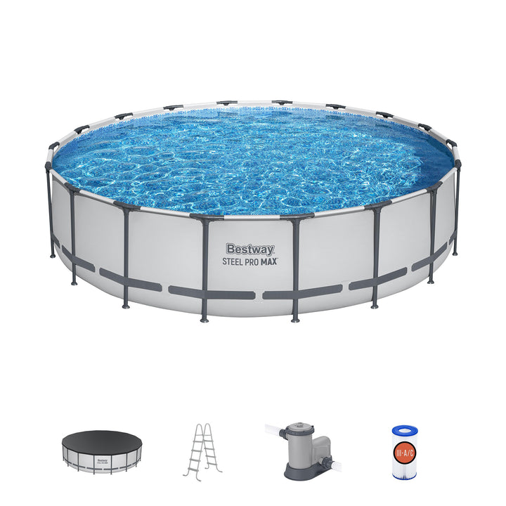 Bestway Round Steel Frame Above Ground Pool w/ Cleaning Accessories, 18 x 4 Feet