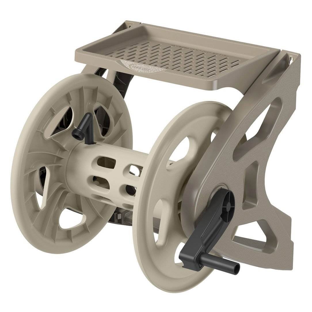 Suncast Handler 200 Foot Resin Mounted Outdoor Garden Hose Reel, Taupe(Open Box) - VMInnovations