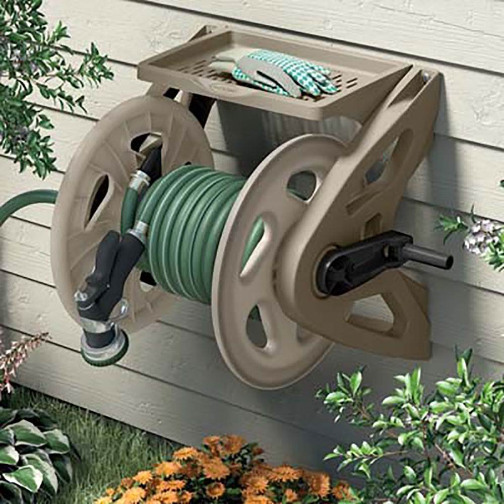 Suncast Handler 200 Foot Resin Mounted Outdoor Garden Hose Reel, Taupe(Open Box) - VMInnovations