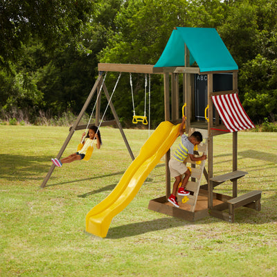 KidKraft Newport Kids Wooden Outdoor Playset Swing Set with Slide and Sand Box