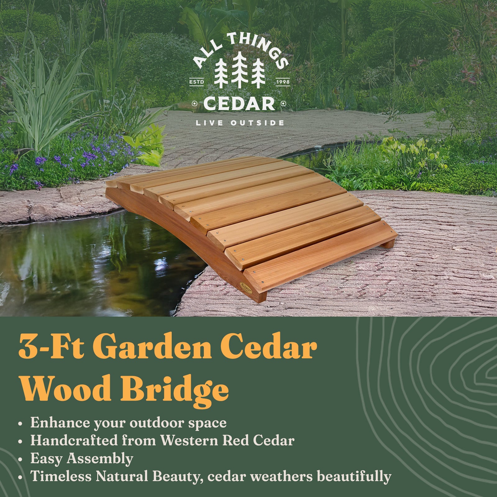 All Things Cedar Wooden Bridge, Outdoor Garden Walkway, 3 Feet, Natural Finish - VMInnovations