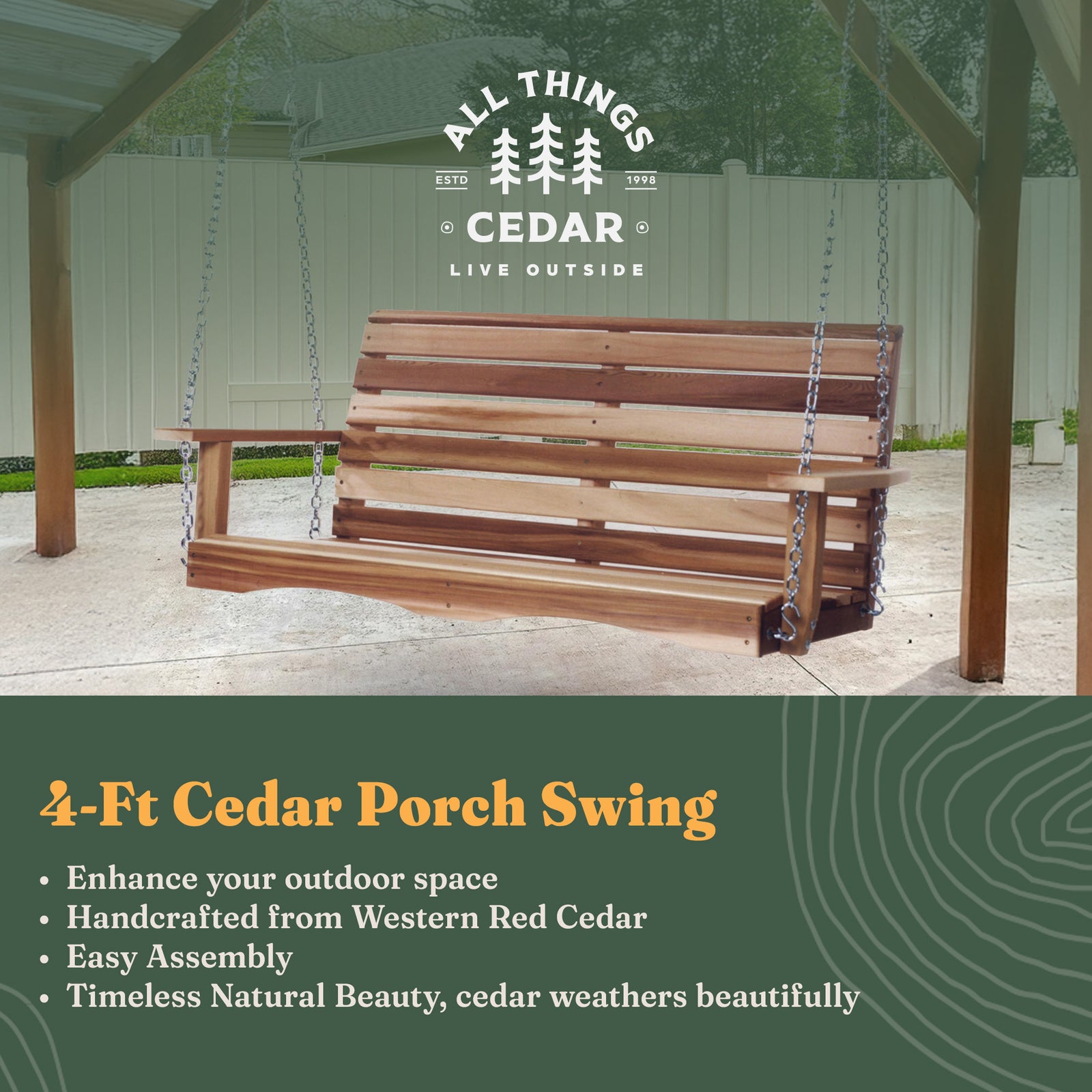 All Things Cedar 4 Foot Wooden Porch Swing Outdoor Patio Furniture, Natural - VMInnovations