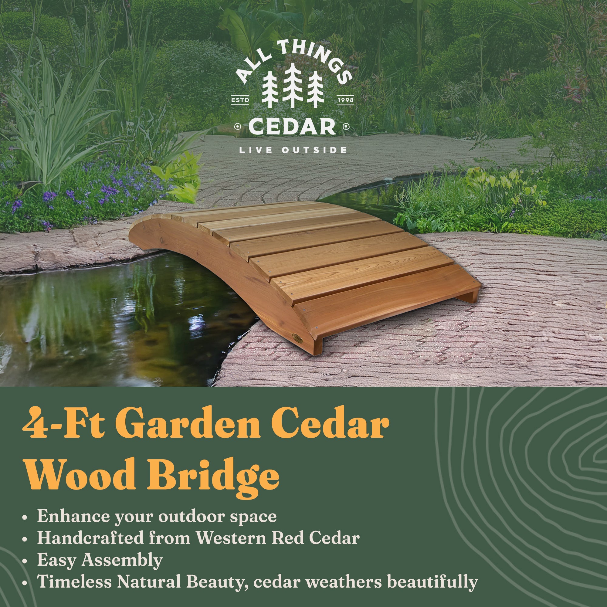 All Things Cedar 4 Ft Garden Bridge, Red Western Cedar, 47x36x7 Inches (Used)