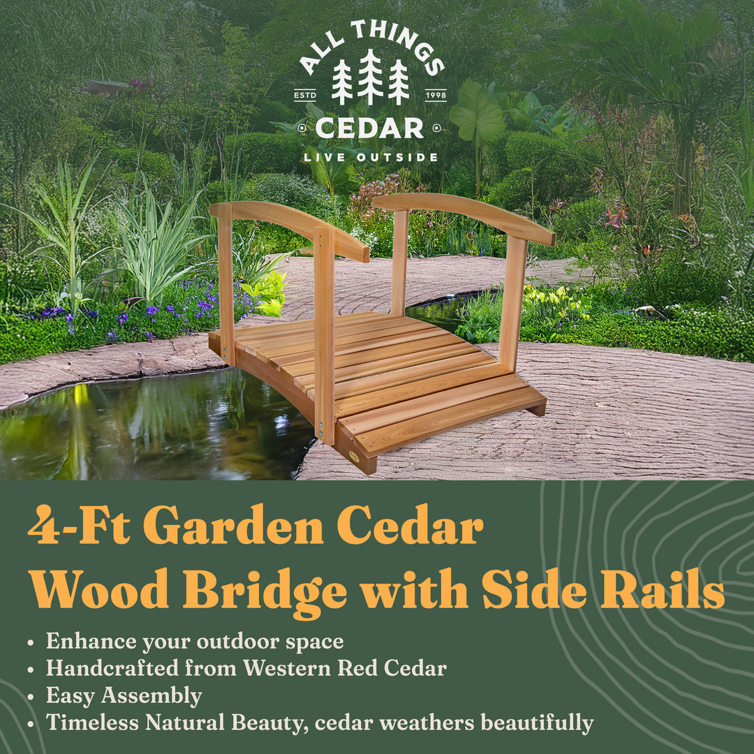 All Things Cedar Wooden Bridge, Garden Walkway with Side Rails, 4 Ft, Natural