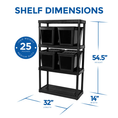 Gracious Living 4 Shelf Ventilated Garage Shelving Kit with 4 Bins & Lids, Black