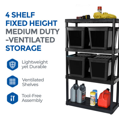 Gracious Living 4 Shelf Ventilated Garage Shelving Kit with 4 Bins & Lids, Black