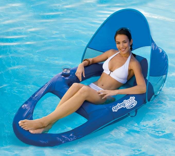 SwimWays Spring Float Recliner Pool Lounge Chair w/ Sun Canopy, Blue (3 Pack)
