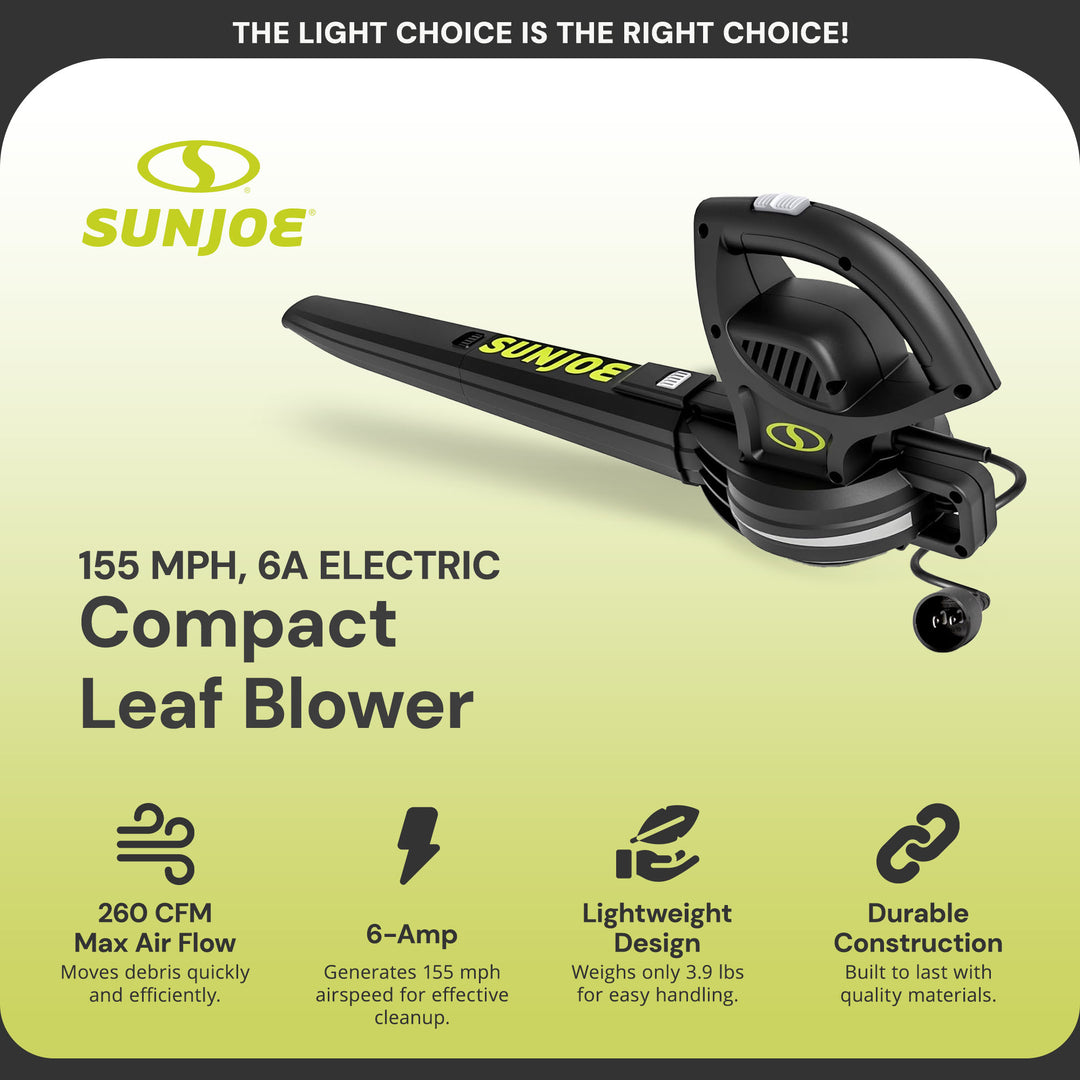 Sun Joe 155 MPH 6 Amp Lightweight Electric Powered Leaf Blower, Green (Open Box)